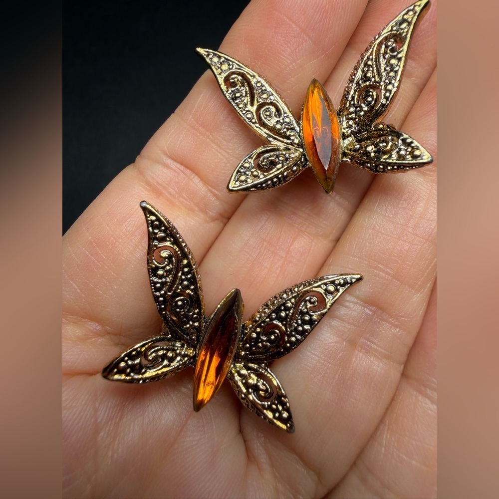 Set of 2 Vintage Gold Filigree Butterfly Brooches w/ Amber Rhinestones